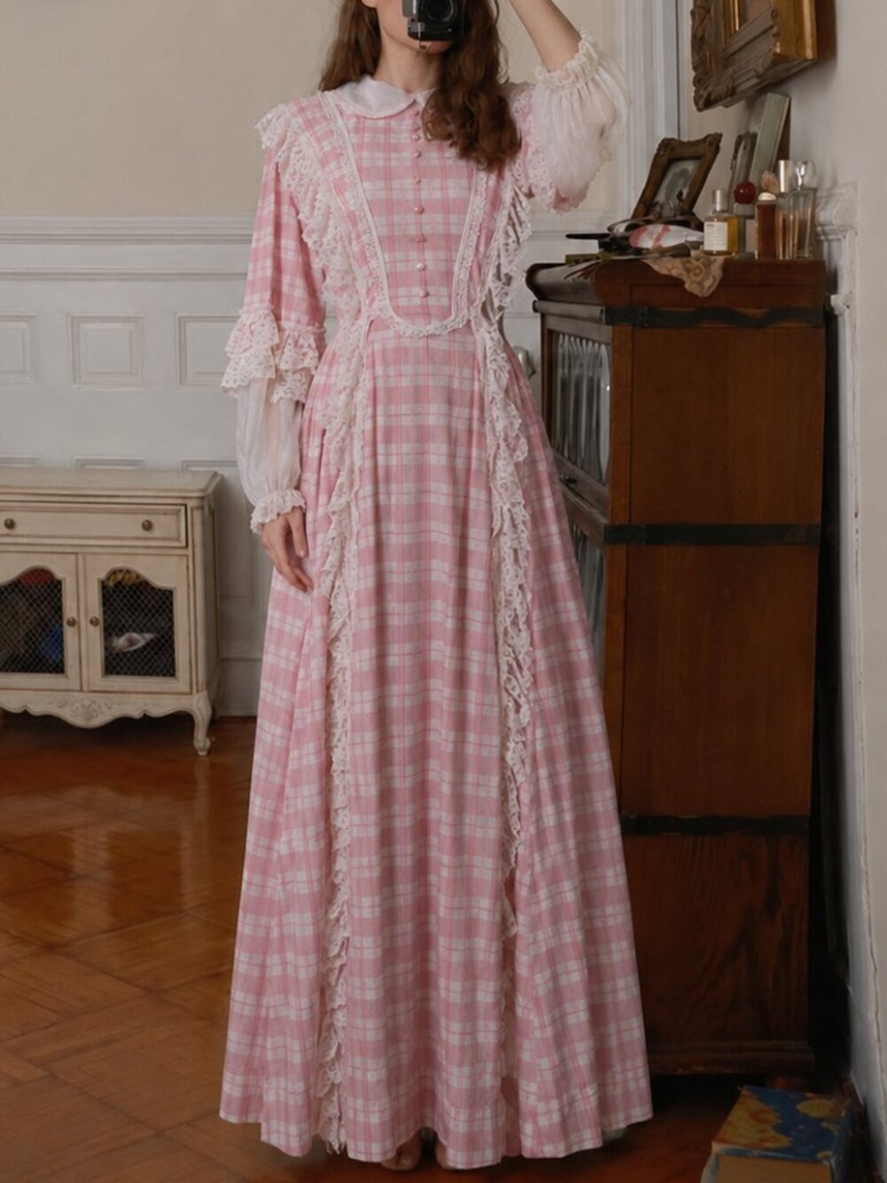 Vintage Handmade Costume Maxi Dress Size Small Pilgrim Gingham Plaid Pink
